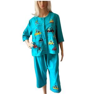 Vintage Onque Casuals Embroidered Traveling Dog Graphics 2 Piece Set Sz L & XL